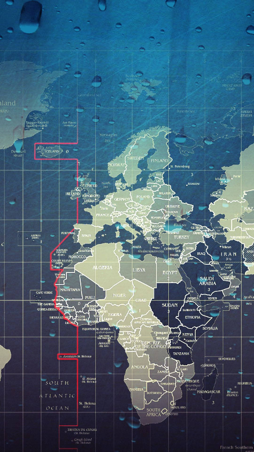 United States Map 桌布 壁紙 — 一個世界地圖，上面有紅色突出顯示的路線穿越歐洲、非洲和中東，透過玻璃上的水滴觀看。