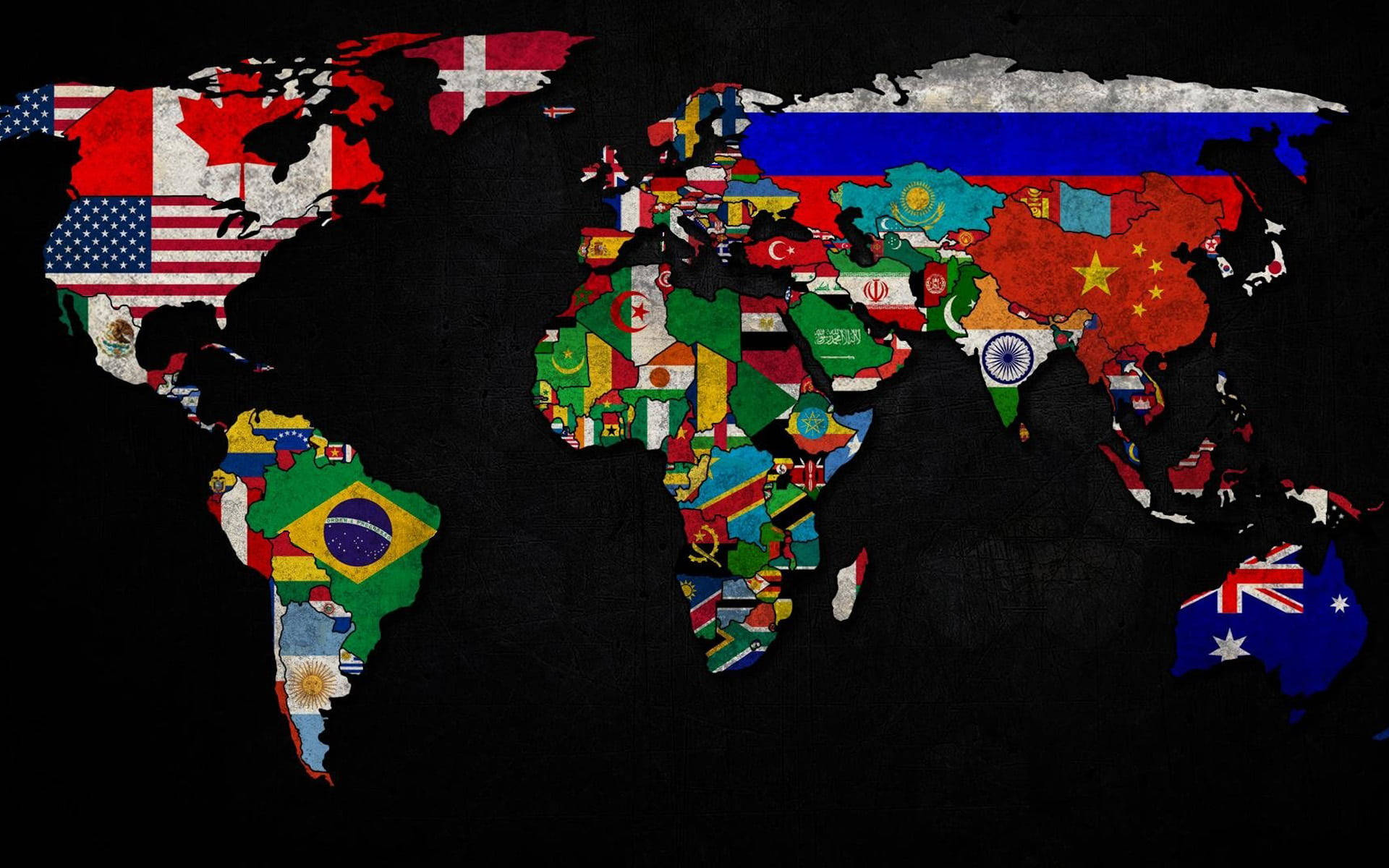 Flag 桌布 壁紙 — 一個世界地圖輪廓，充滿鮮豔的國旗，背景為深色紋理。