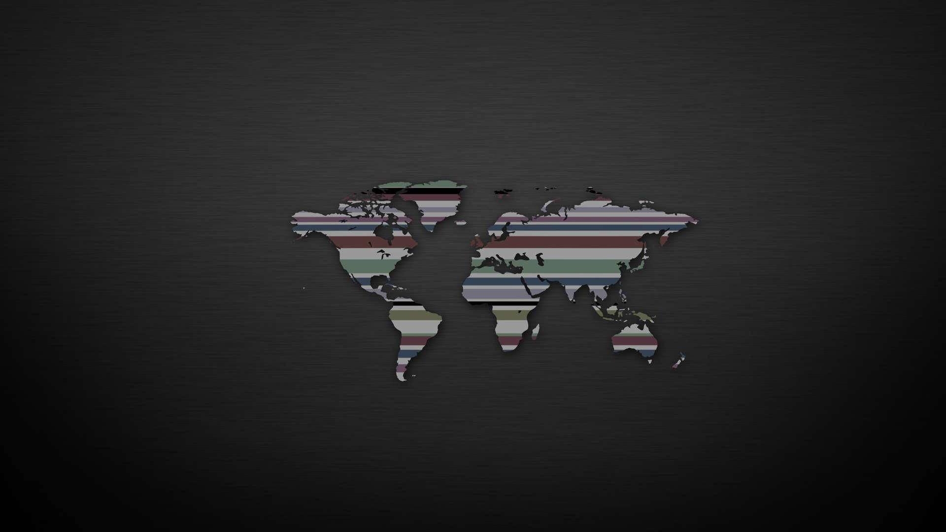 World 桌布 壁紙 — 一個世界地圖輪廓，填充了柔和色彩的橫向條紋，背景為深色紋理。