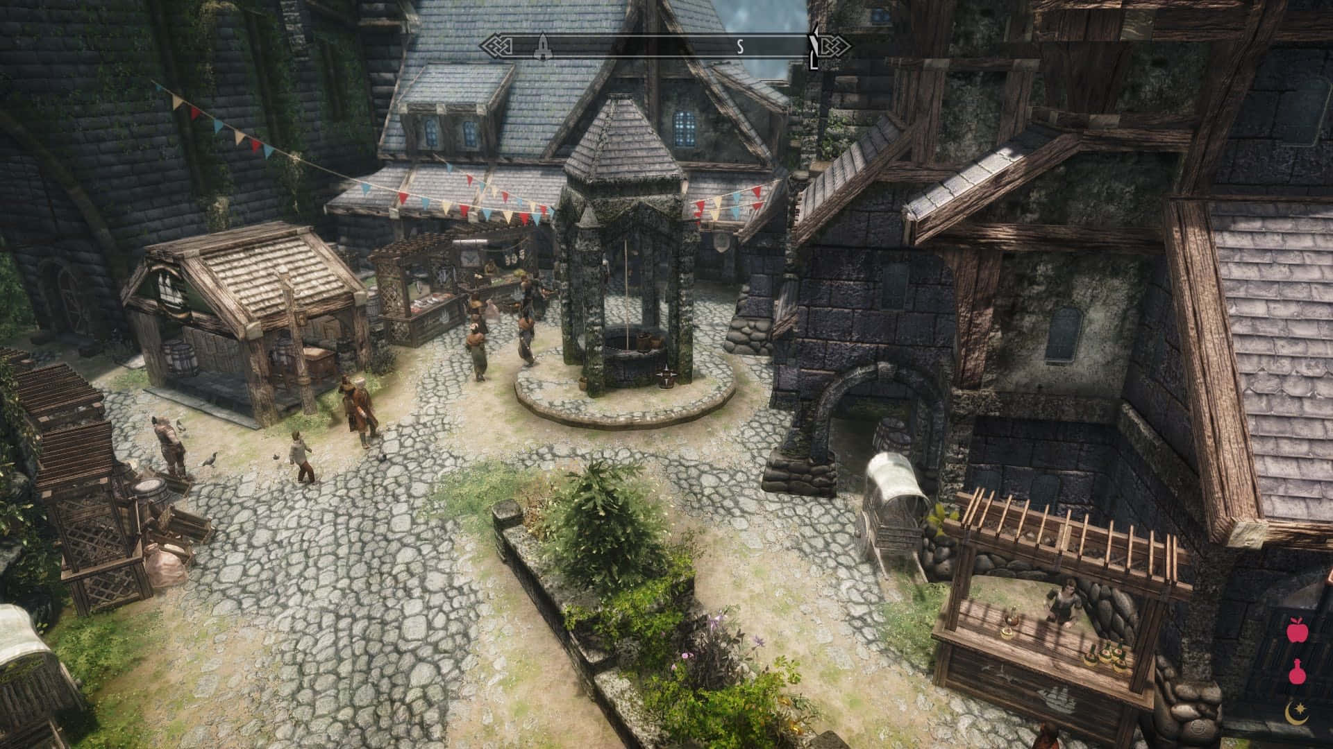 Skyrim Solitude 桌布 壁紙 — 一個中世紀奇幻村莊廣場，有鵝卵石小徑、木造建築和村民聚集在中央石井周圍。