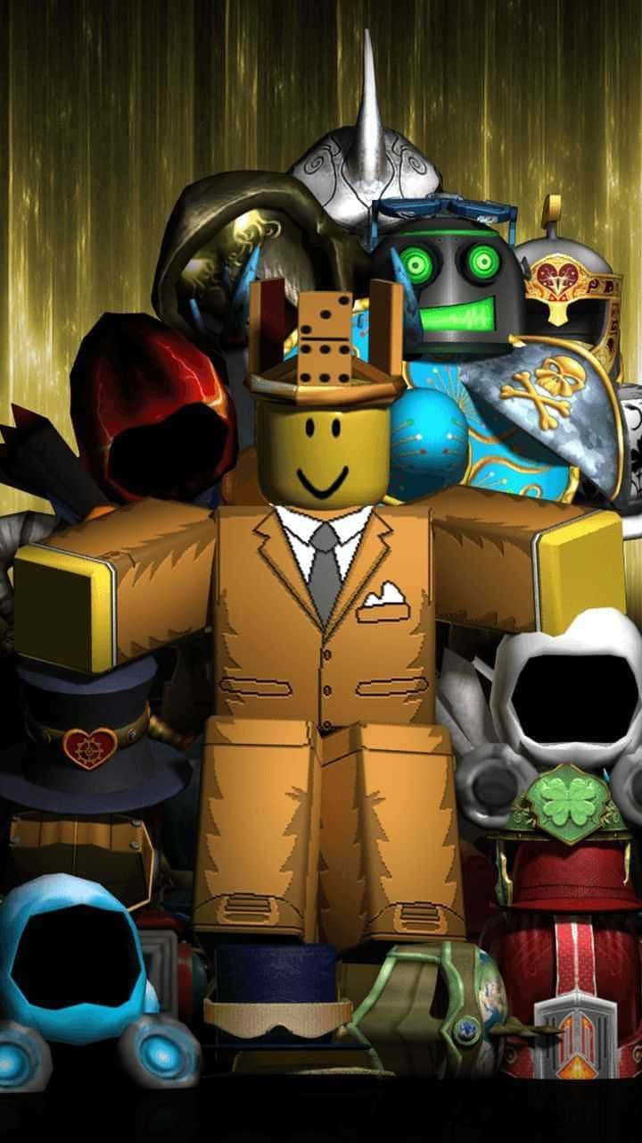 Roblox Noob 桌布 壁紙 — 一個中央的Roblox角色穿著米色西裝，在混亂的人群中微笑，周圍是各種裝甲和主題的角色頭部。