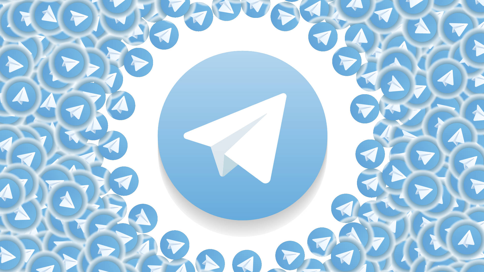 Telegram 桌布 壁紙 — 一個中央的Telegram標誌，被較小的Telegram圖標以圓形圖案包圍在白色背景上。