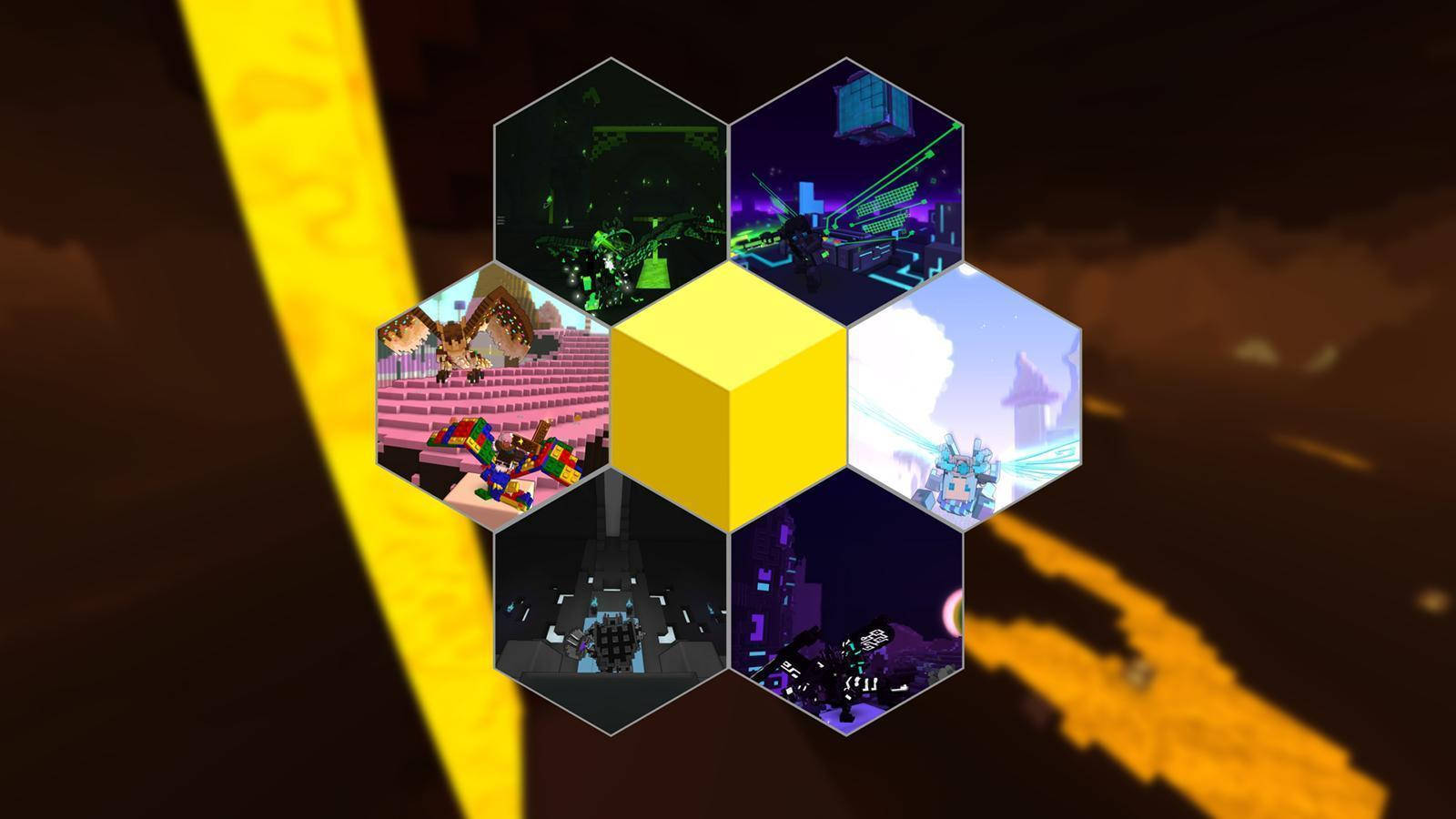 藝術 桌布 壁紙 — 一個中央的黃色立方體，被六個六邊形Minecraft場景包圍，在熾熱的橙色和黑色背景上發光。