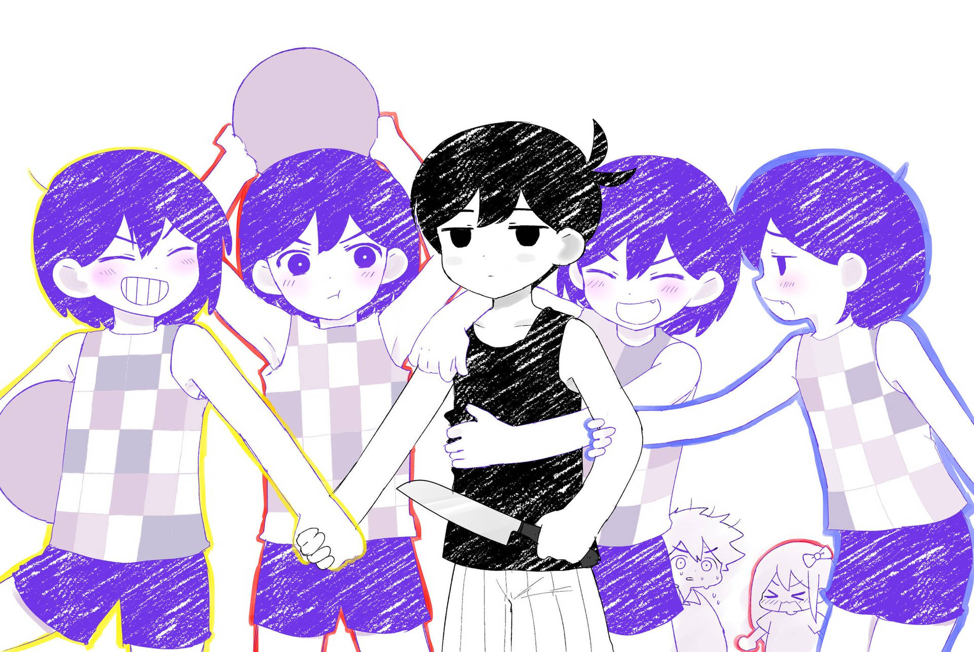 動漫角色手持刀具，被微笑的朋友們包圍，穿著格紋服裝。 — Omori GIF 壁紙