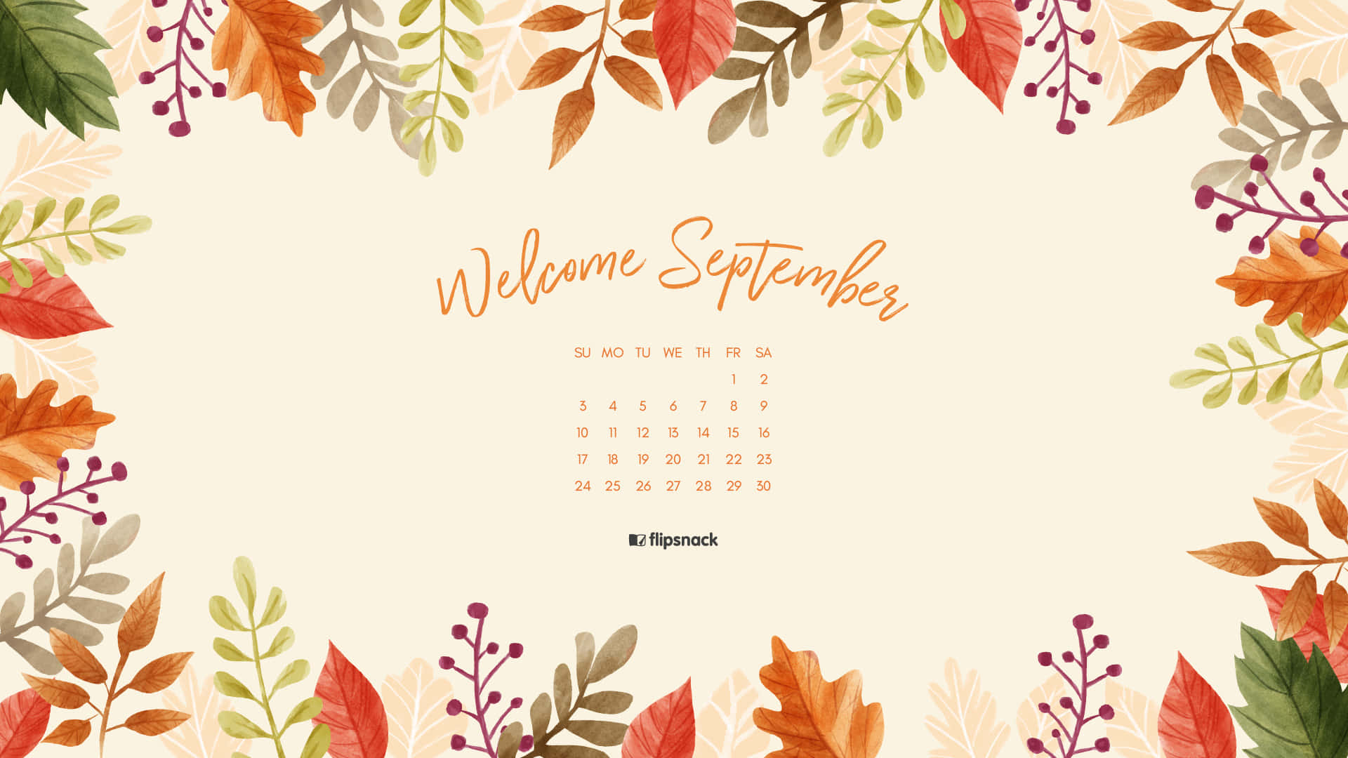 September 桌布 壁紙 — 一個九月日曆，以水彩秋葉和漿果框在柔和的奶油色背景上。