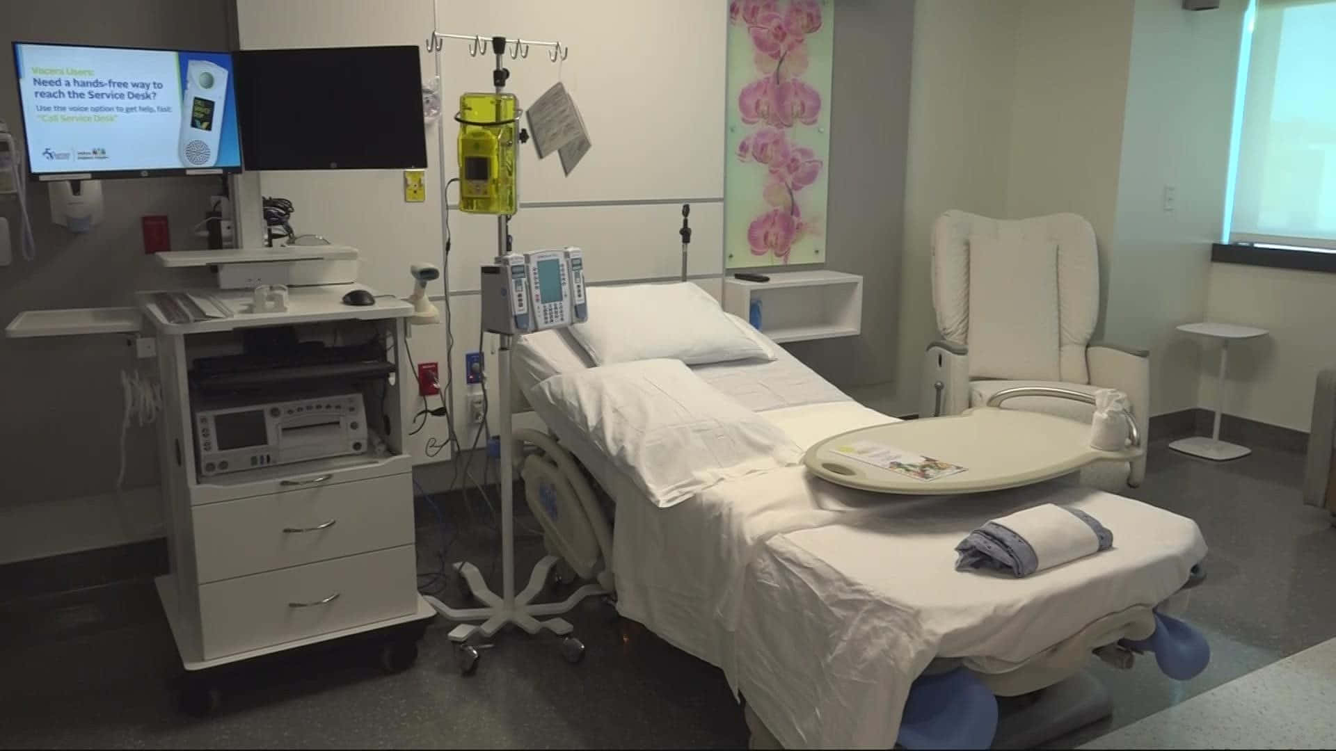電視 桌布 壁紙 — 一個乾淨現代的病房，有病人床、醫療設備和花卉牆壁藝術。