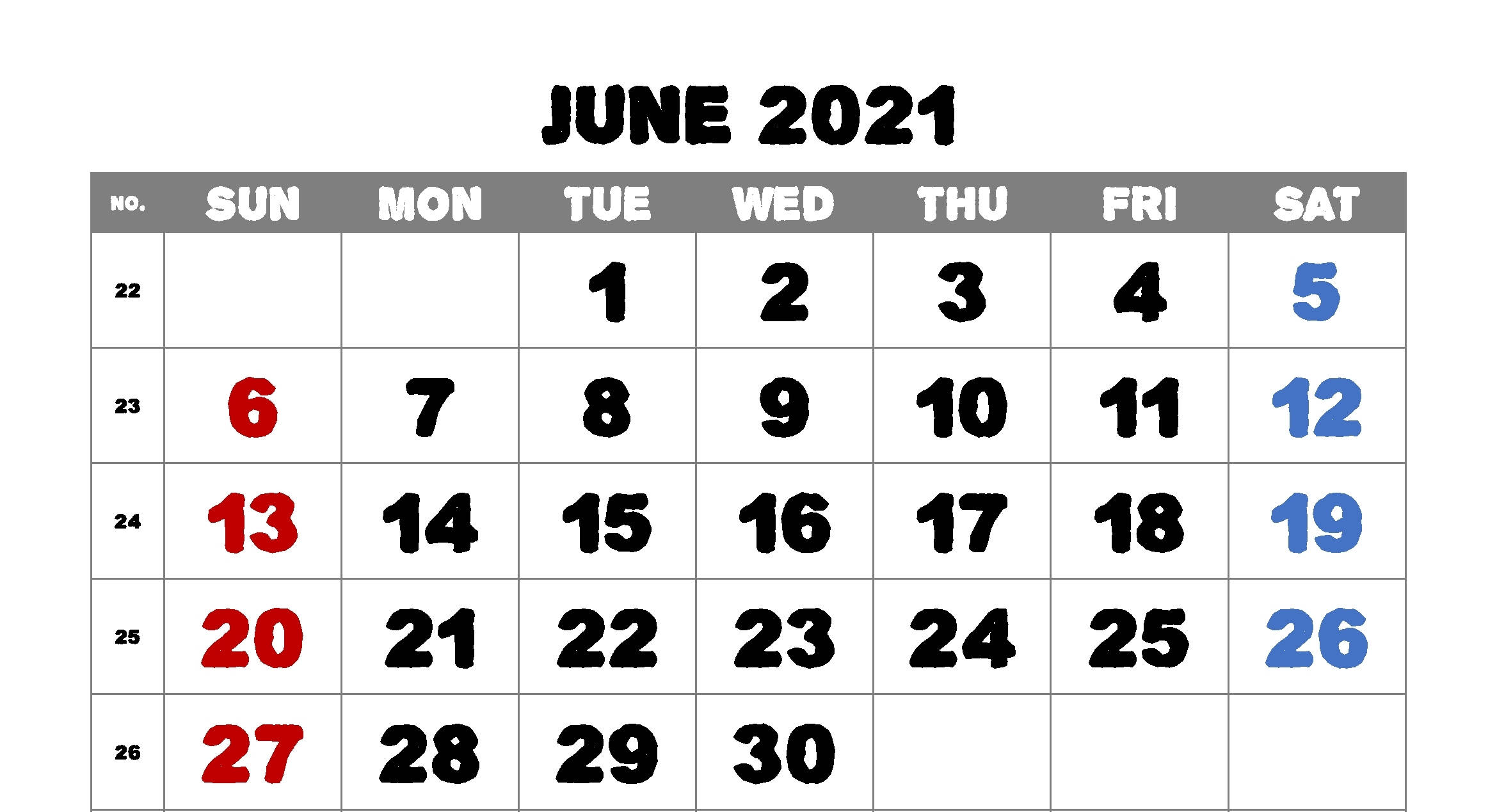 June 桌布 壁紙 — 一個乾淨的2021年6月日曆網格，帶有粗體黑色文字和特定日期的紅藍色強調。