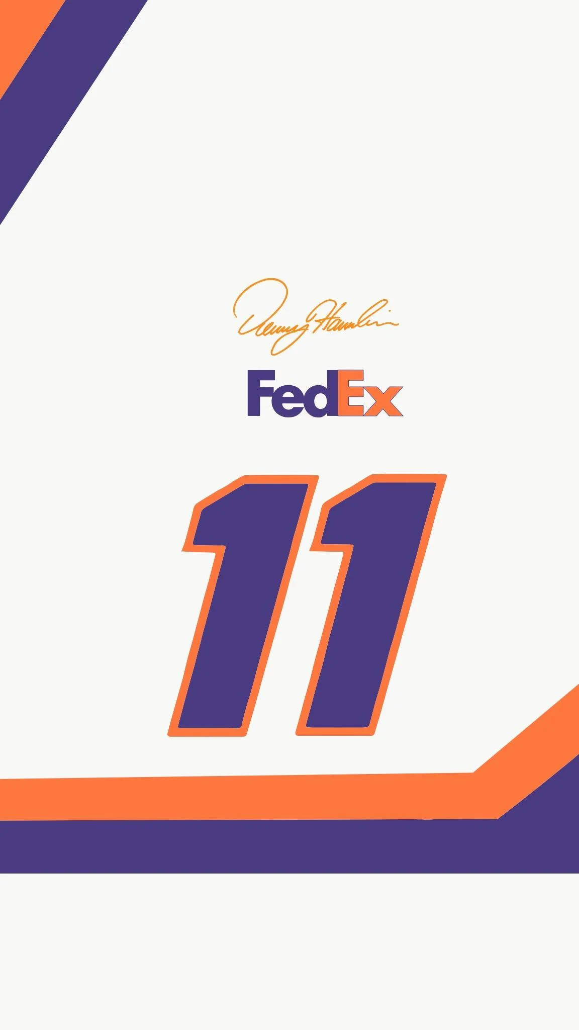 Denny Hamlin 桌布 壁紙 — 一個乾淨的圖形設計，以FedEx標誌和數字11為特色，採用大膽的紫色和橙色，白色背景帶有對角線裝飾。