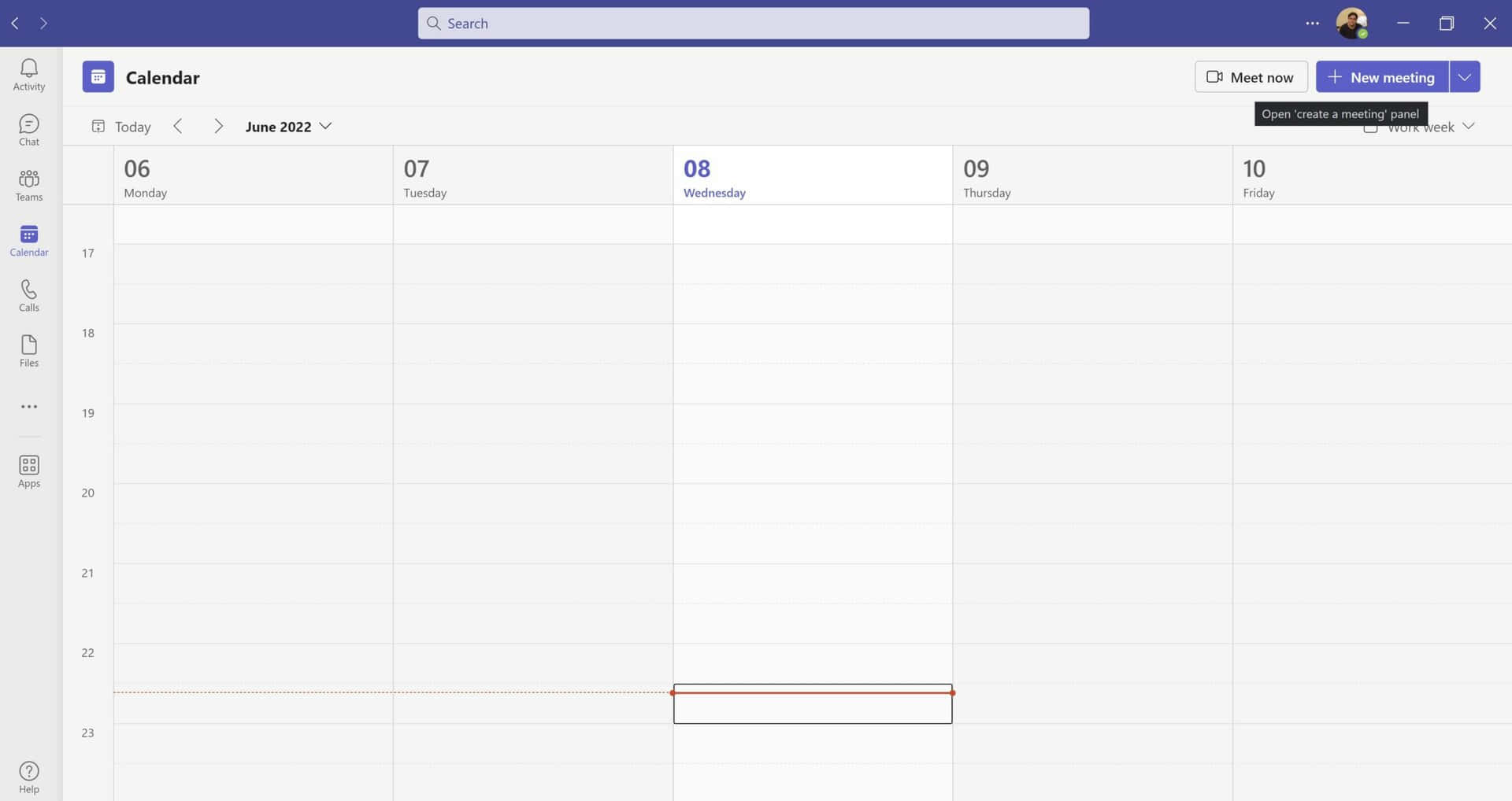 Microsoft Teams 桌布 壁紙 — 一個乾淨的數位日曆介面，顯示2022年6月，星期三22:00有一個活動區塊。