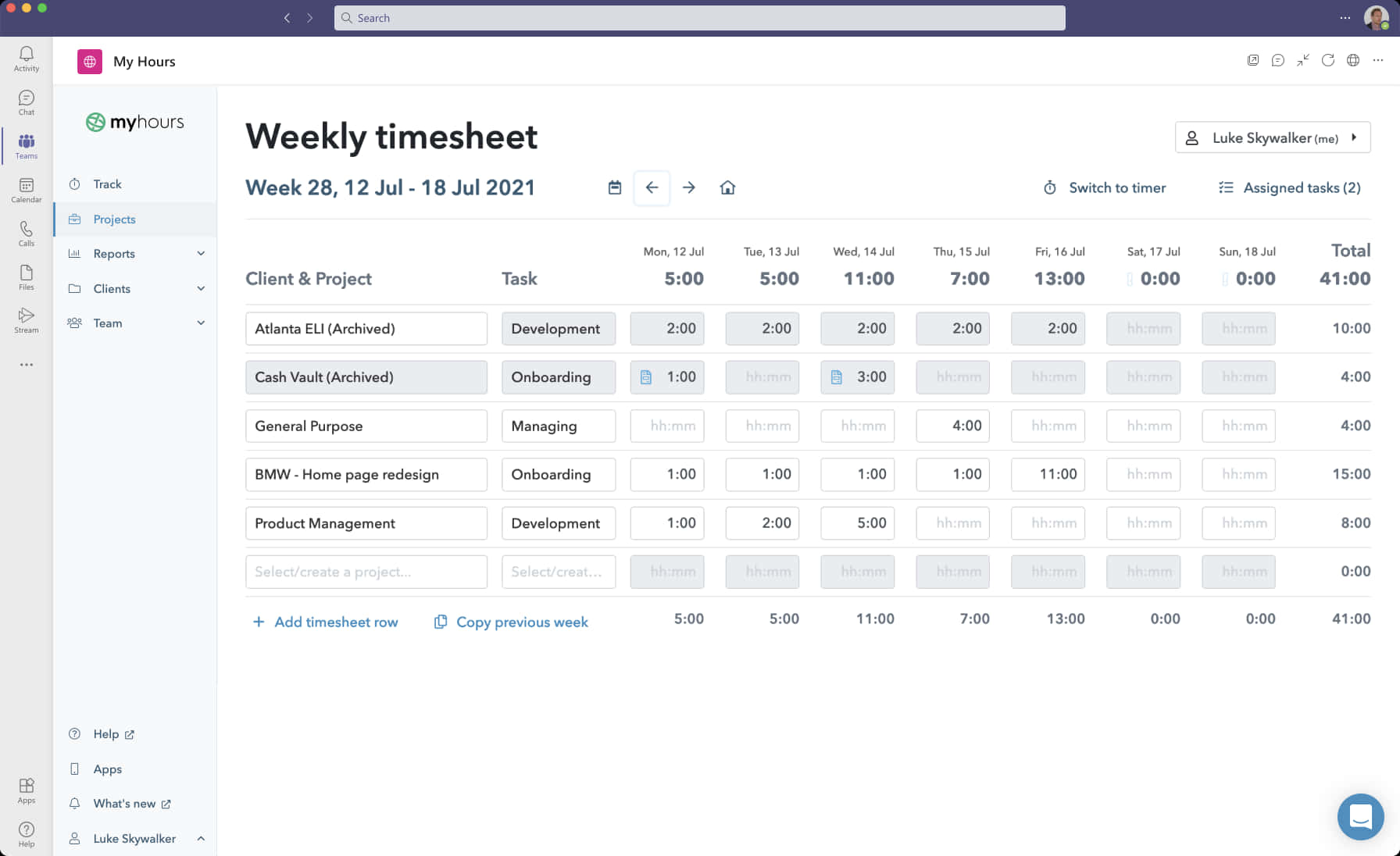 Microsoft Teams 桌布 壁紙 — 一個乾淨的數位每週工時表介面，以網格格式顯示專案任務和記錄的時數，並包含使用者導航元素。