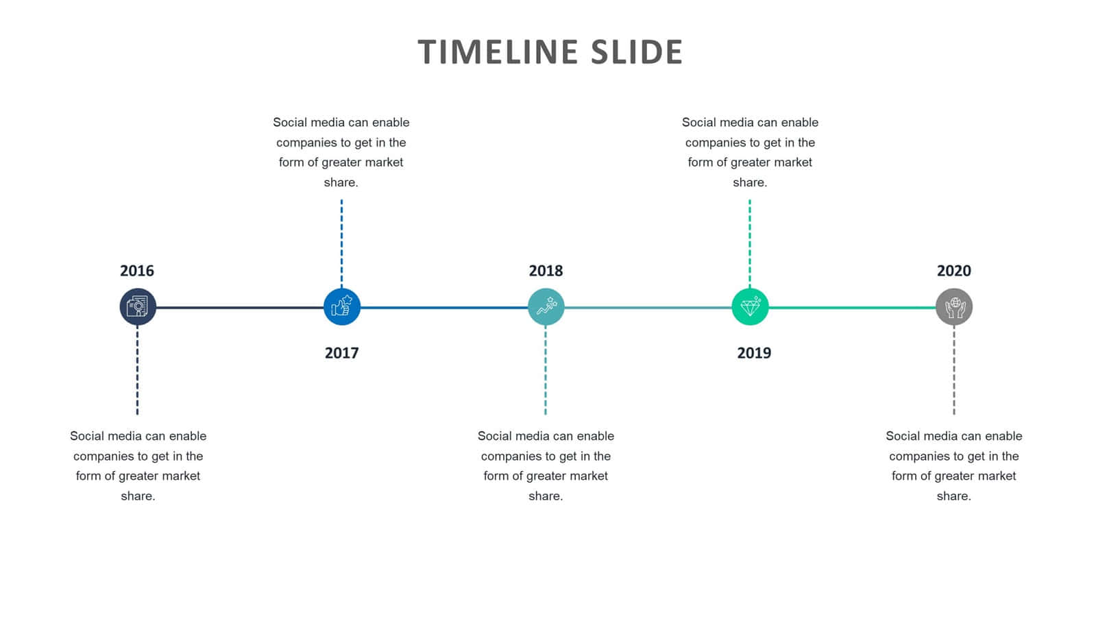 Timelines 桌布 壁紙 — 一個乾淨的時間軸投影片，顯示2016年至2020年，每年都有相同的預留位置文字和圖示。