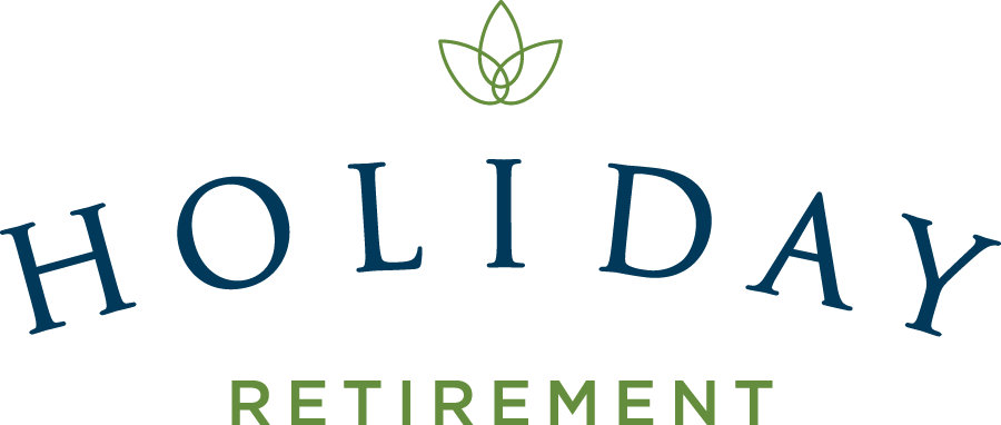 節日 桌布 壁紙 — 一個乾淨的標誌，帶有深藍色的 holiday 和綠色的 retirement 字樣，頂部有一個風格化的綠色葉子標誌。