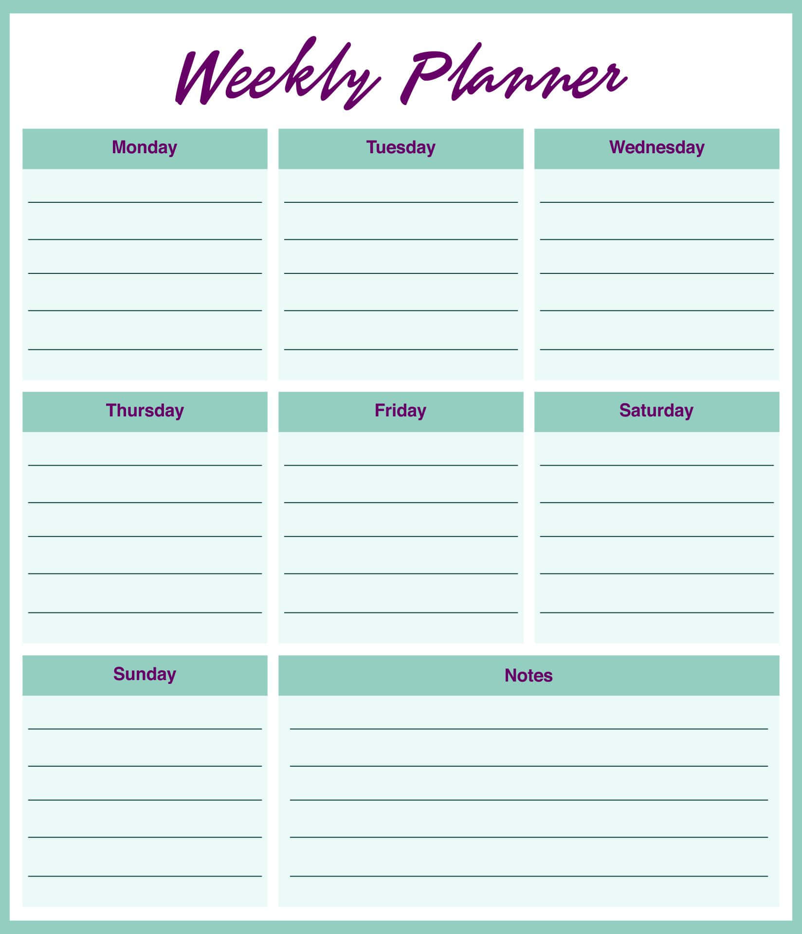 Planner 桌布 壁紙 — 一個乾淨的每週計劃表，帶有薄荷綠色標題和紫色標題，背景為白色。