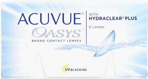 綠洲 桌布 壁紙 — 一個乾淨的白色Acuvue Oasys隱形眼鏡盒，帶有藍色水花圖案，上方漂浮著一個鏡片。