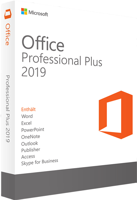 microsoft 桌布 壁紙 — 一個乾淨的白色盒子，裝有 Microsoft Office Professional Plus 2019，帶有橙色標誌和灰色底座。