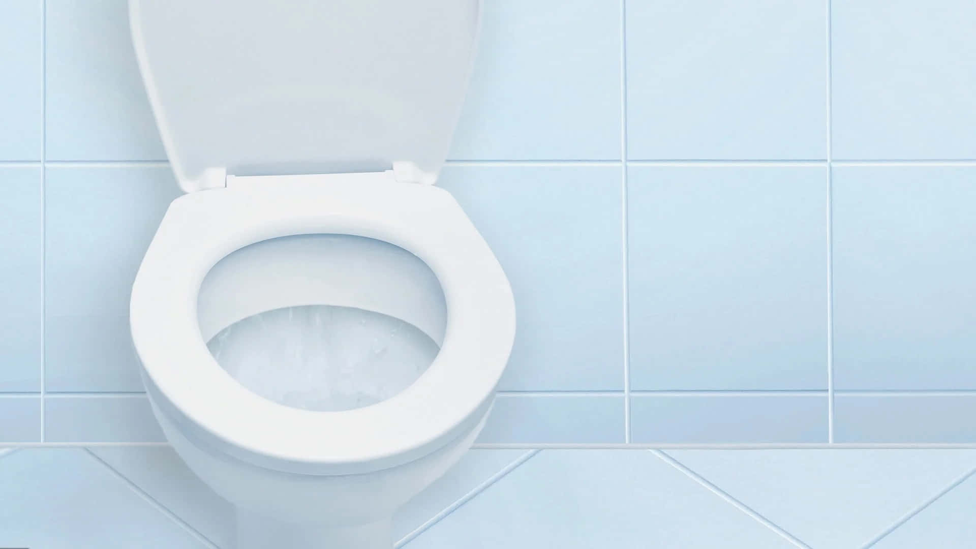 Toilet 桌布 壁紙 — 一個乾淨的白色馬桶，蓋子打開，靠著淺藍色磁磚浴室牆壁。