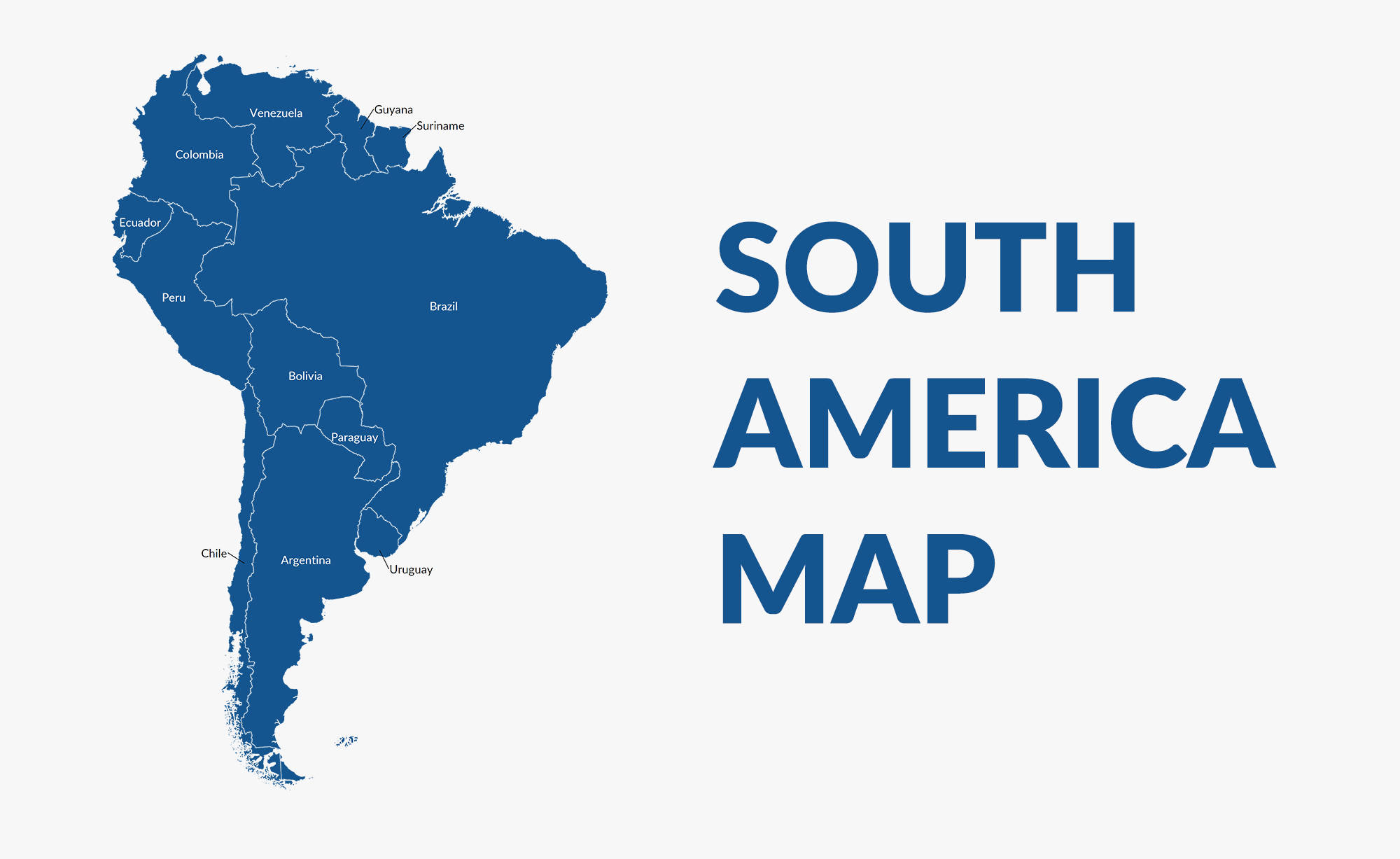 South America 桌布 壁紙 — 一個乾淨的藍色南美洲地圖，帶有國家標籤和粗體標題，背景為淺灰色。