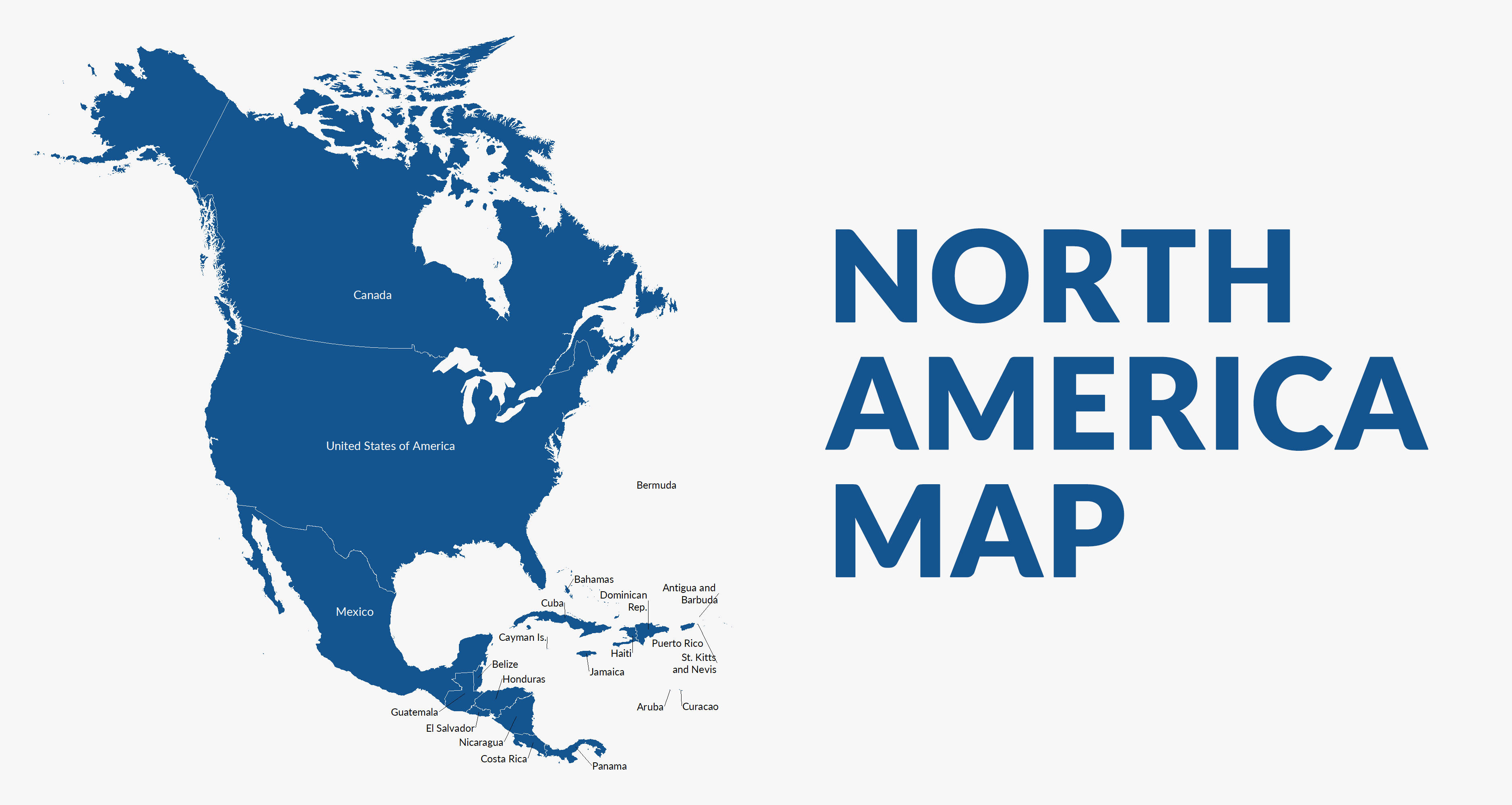 North America 桌布 壁紙 — 一個乾淨的藍色輪廓北美洲地圖，標有國家和島嶼，背景為淺灰色。
