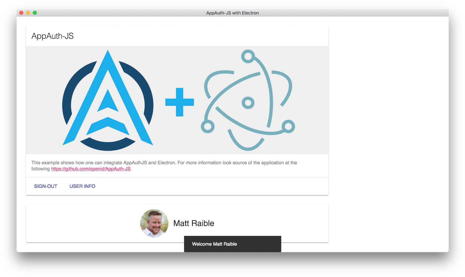 電子 桌布 壁紙 — 一個乾淨的軟體登入介面，顯示 AppAuthJS 和 Electron 標誌，以及使用者個人資料和歡迎訊息。