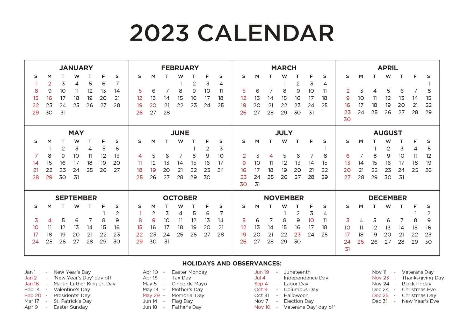 March 桌布 壁紙 — 一個乾淨簡約的2023年月曆，包含十二個月的網格和底部的美國假期列表。
