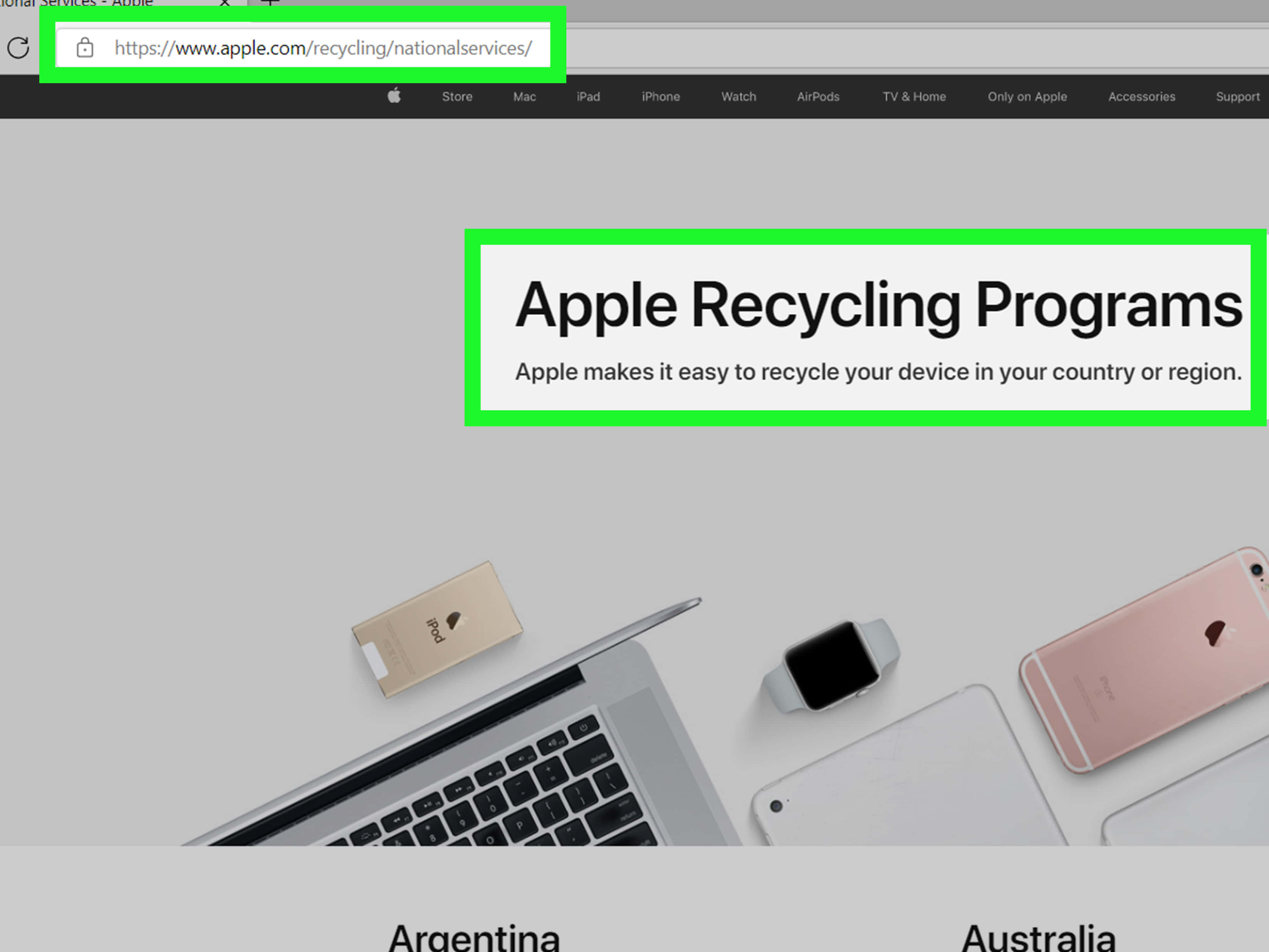 Mac 桌布 壁紙 — 一個乾淨簡約的網頁，展示 Apple 回收計劃，包括筆記型電腦、智慧手錶和玫瑰金色手機，整齊地排列在灰色表面上。
