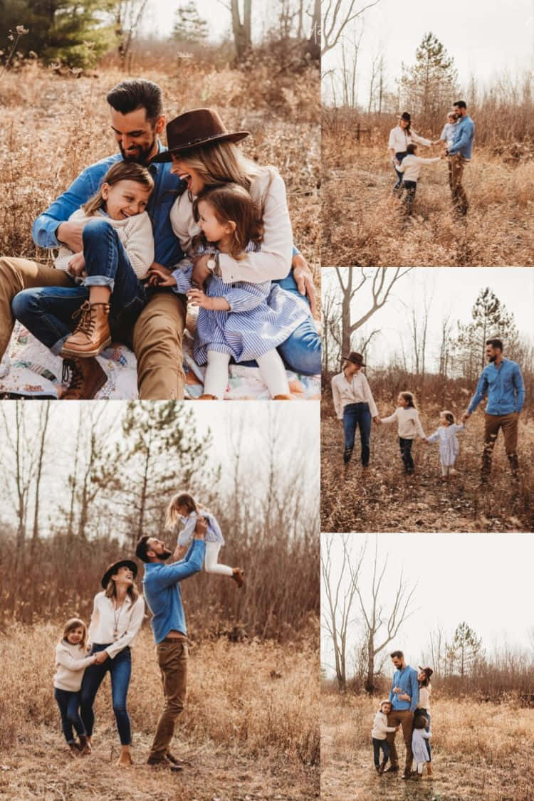 Family 桌布 壁紙 — 一個五口之家在金色的秋日田野中，光禿的樹木和柔和陽光下分享溫馨時刻。