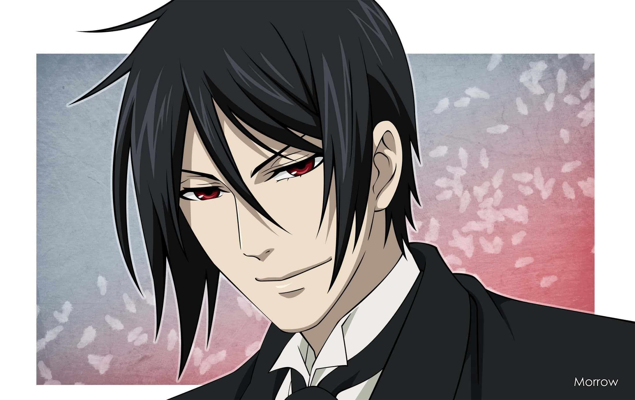 Black Butler 桌布 壁紙 — 一個五官鮮明的動漫男子，黑髮紅眼，穿著西裝，背景是櫻花漸變色。