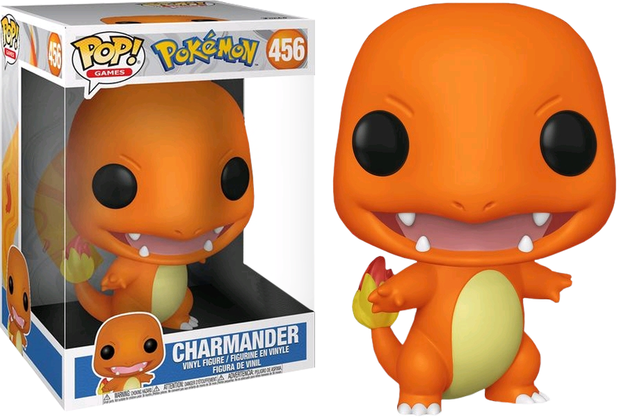 小火龍 桌布 壁紙 — 一個亮橙色的Charmander Funko Pop! 乙烯基公仔站在其品牌盒旁邊，表情愉快，尾巴有火焰。