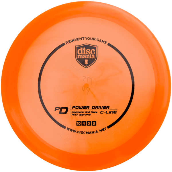 Frisbee 桌布 壁紙 — 一個亮橙色的Discmania Power Driver飛盤高爾夫飛盤，帶有黑色文字和標誌，背景為純綠色。