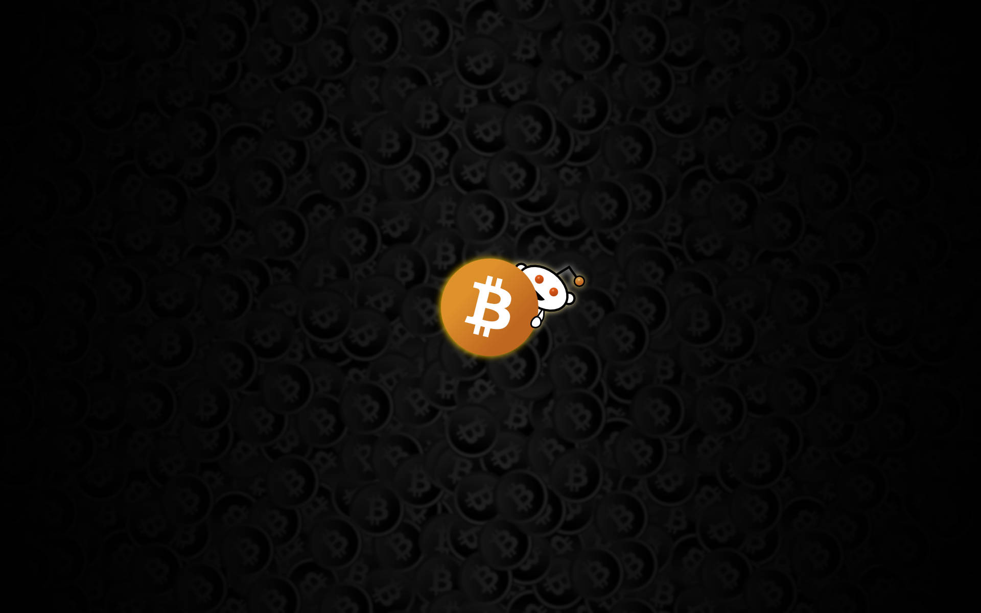 Cryptocurrency 桌布 壁紙 — 一個亮橙色的比特幣標誌，帶有卡通吉祥物，在充滿微弱比特幣符號的深色背景上脫穎而出。