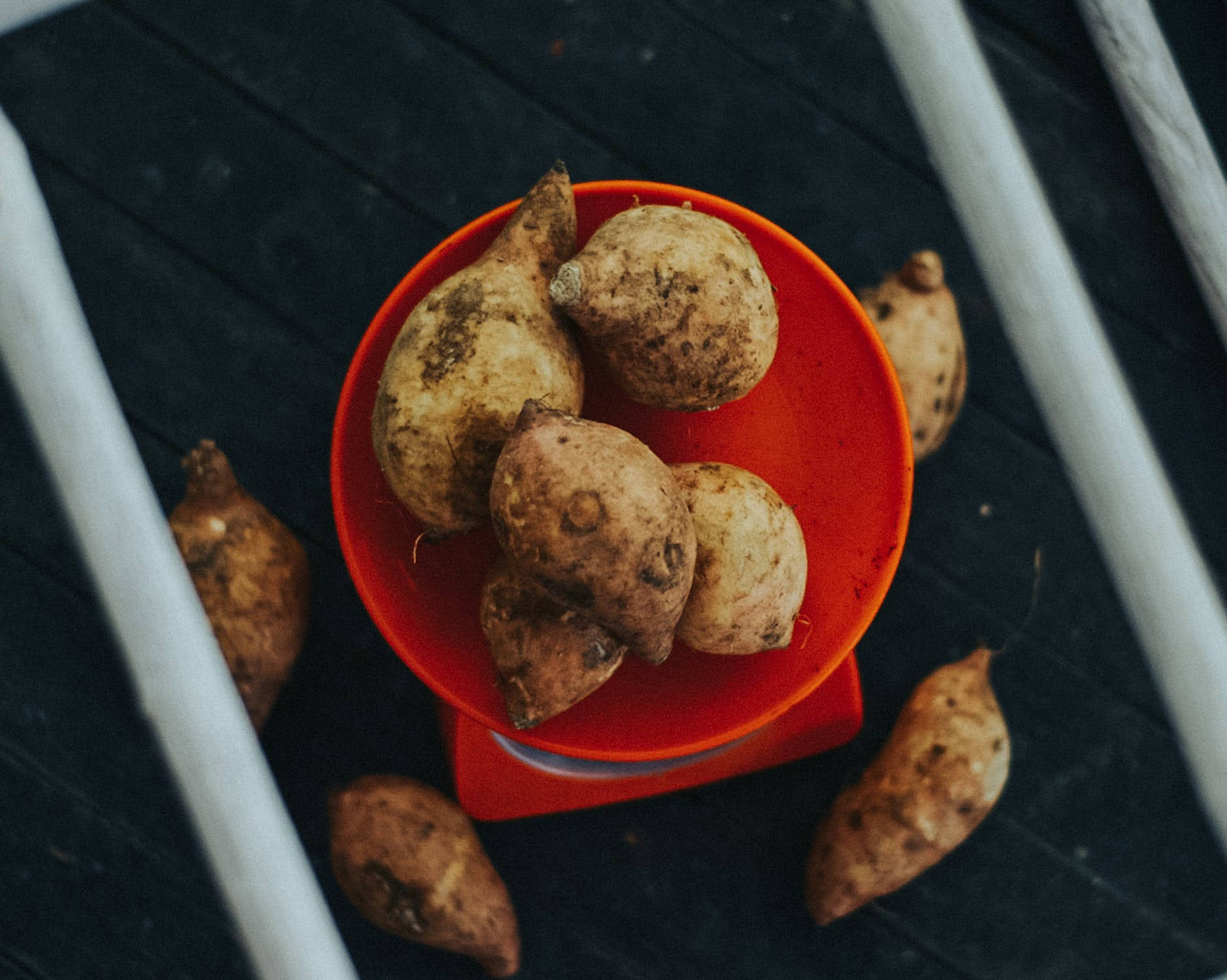 Healthy Food 桌布 壁紙 — 一個亮橙色的碗盛裝著粗糙外皮的番薯，放在深色木質表面上，白色欄杆框住畫面。