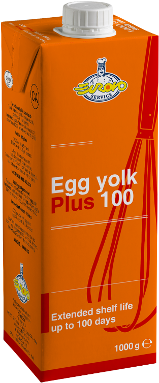 Egg Carton 桌布 壁紙 — 一個亮橙色的紙盒，Euro Service 蛋黃 Plus 100，帶有紅色打蛋器圖案和白色蓋子。