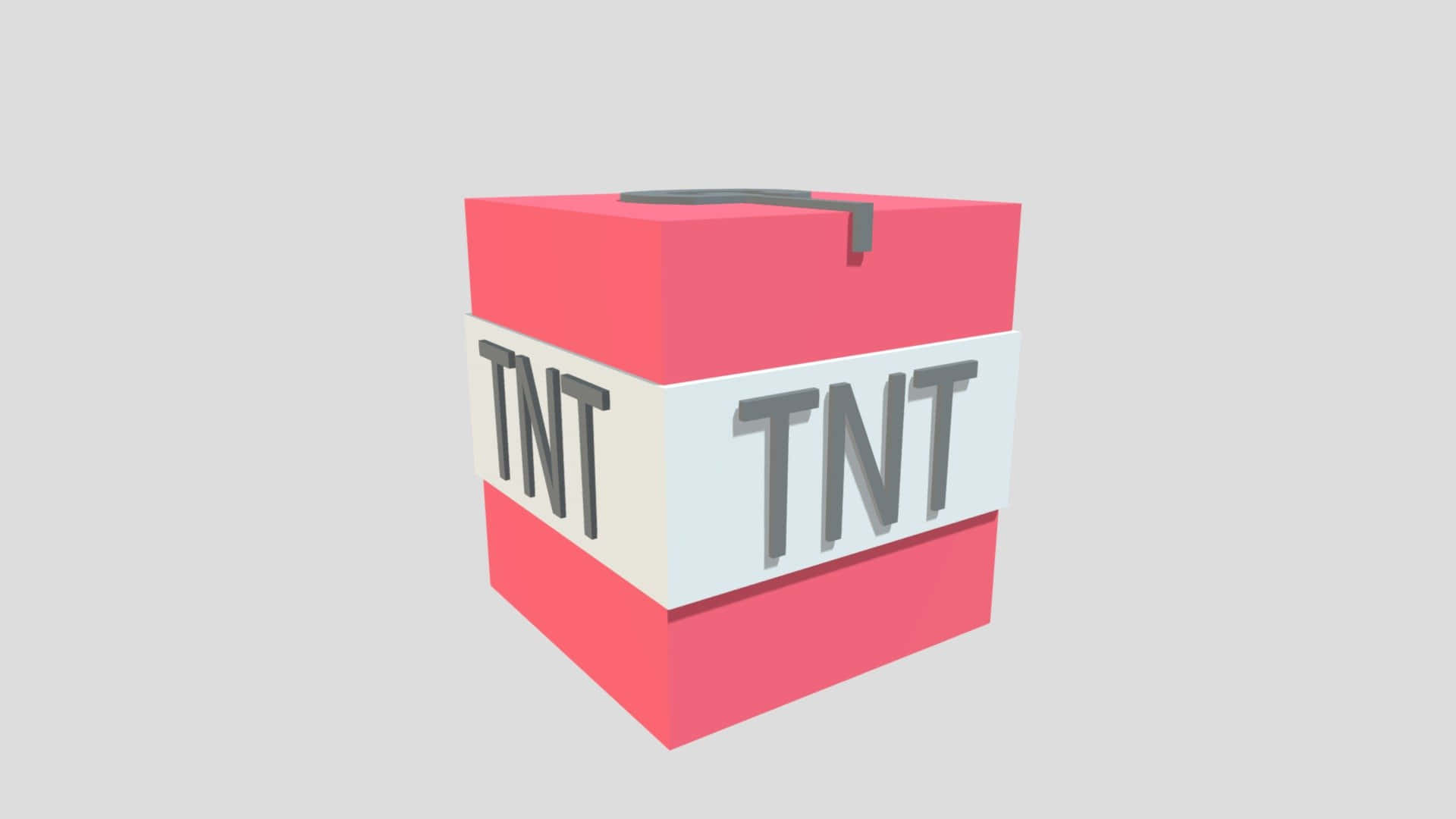 我的世界 TNT 桌布 壁紙 — 一個亮粉紅色的3D渲染TNT盒，帶有灰色字樣和金屬把手，背景為純灰色。