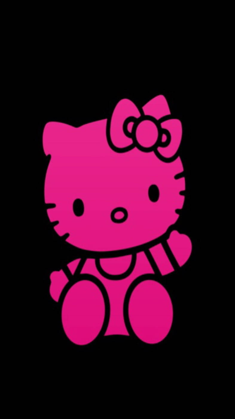 Kitty 桌布 壁紙 — 一個亮粉紅色的Hello Kitty角色戴著蝴蝶結，居中坐在純黑色背景上。