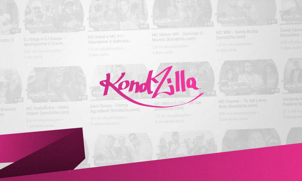 筆電 桌布 壁紙 — 一個亮粉紅色的KondZilla標誌覆蓋在帶有觀看次數和時間戳記的模糊音樂影片縮圖網格上。