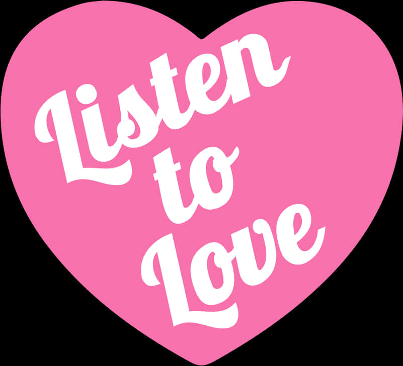 Heart Tattoo 桌布 壁紙 — 一個亮粉紅色的心形，上面有白色草書文字寫著「Listen to Love」，背景為黑色。