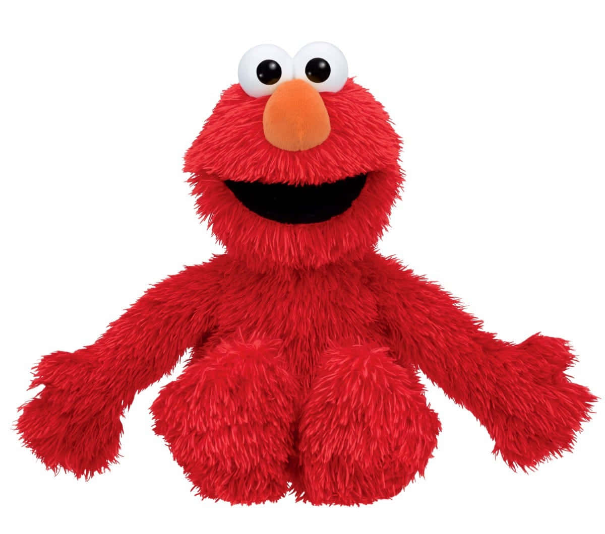 Elmo 桌布 壁紙 — 一個亮紅色毛絨絨的Elmo玩偶坐在純白色背景前微笑。