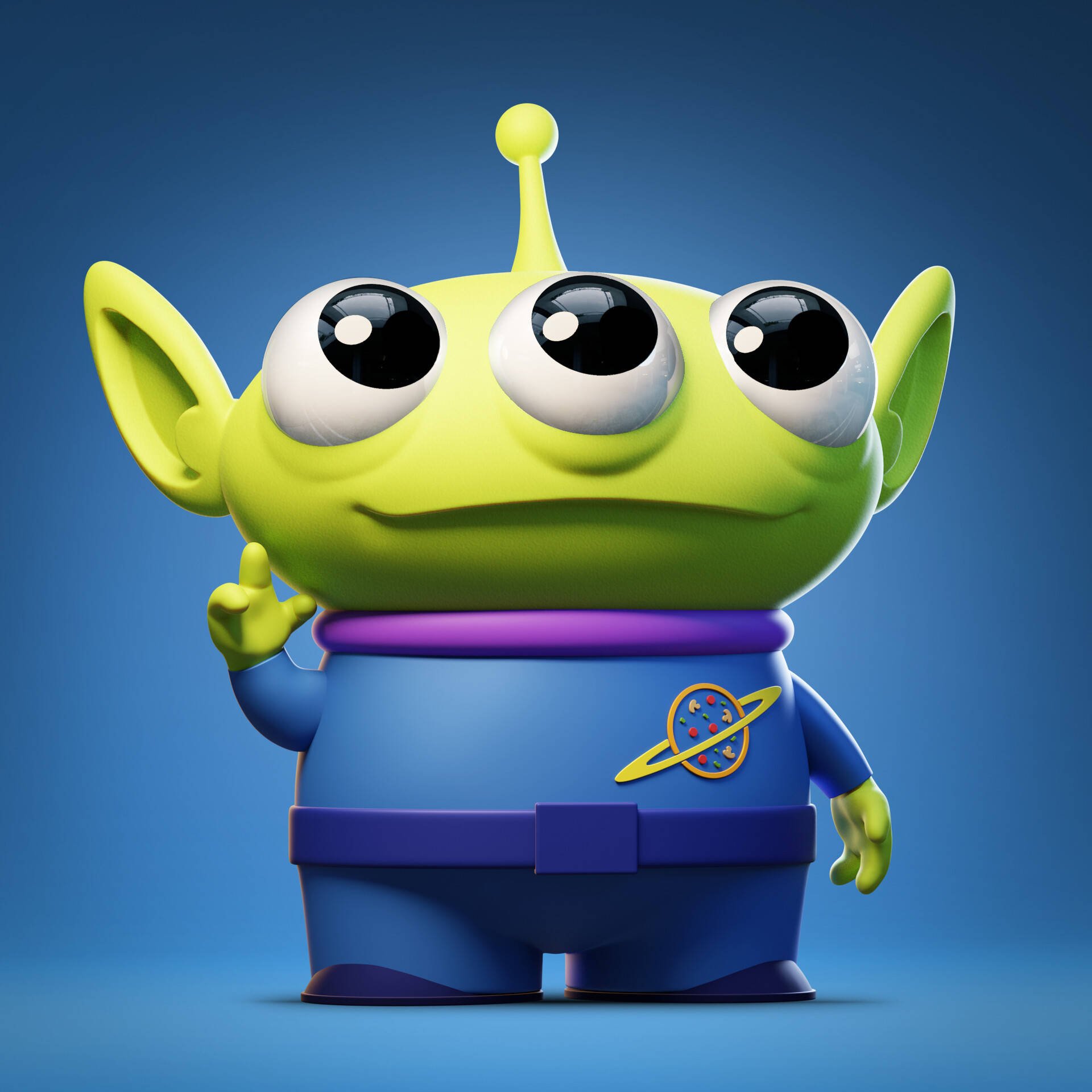 Toy Story Alien 桌布 壁紙 — 一個亮綠色三眼外星人玩具穿著藍色太空衣，在純藍色背景上愉快地揮手。