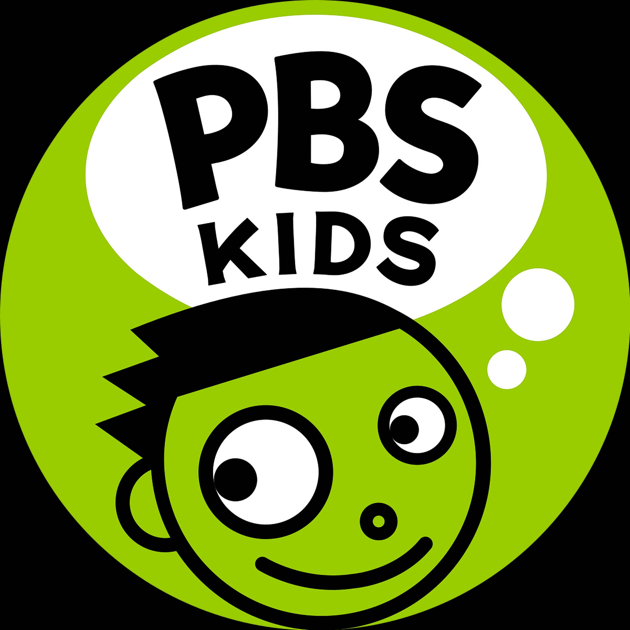 Pbs 桌布 壁紙 — 一個亮綠色卡通小孩，大眼睛，微笑，在粗體黑色文字的 PBS KIDS 標誌下方。