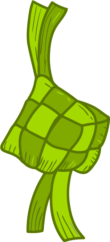 Ketupat 桌布 壁紙 — 一個亮綠色卡通風格編織葉束，帶有網格圖案和飄逸絲帶，背景為黑色。