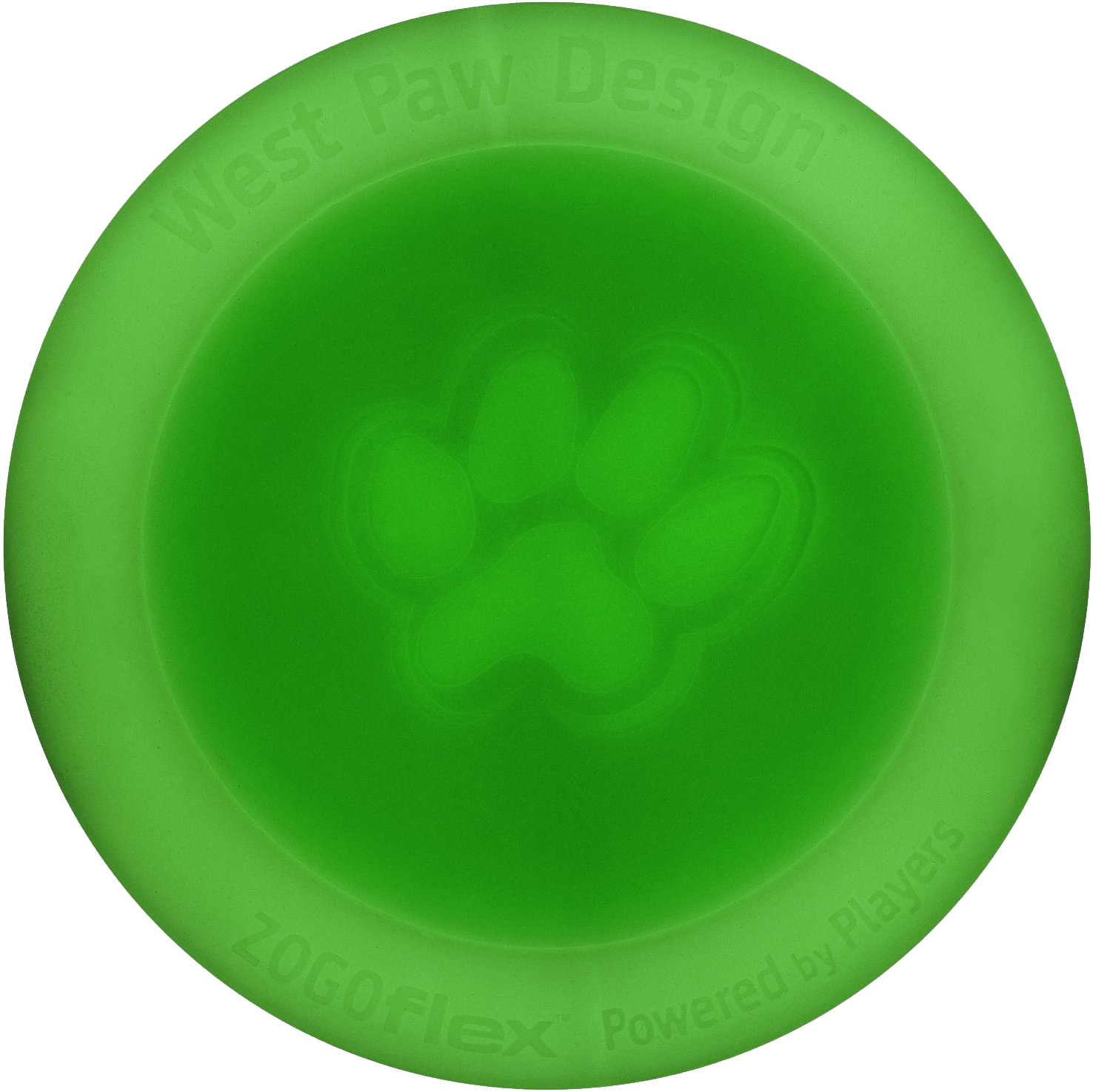 Frisbee 桌布 壁紙 — 一個亮綠色圓形狗飛盤，帶有壓花爪印和品牌文字。