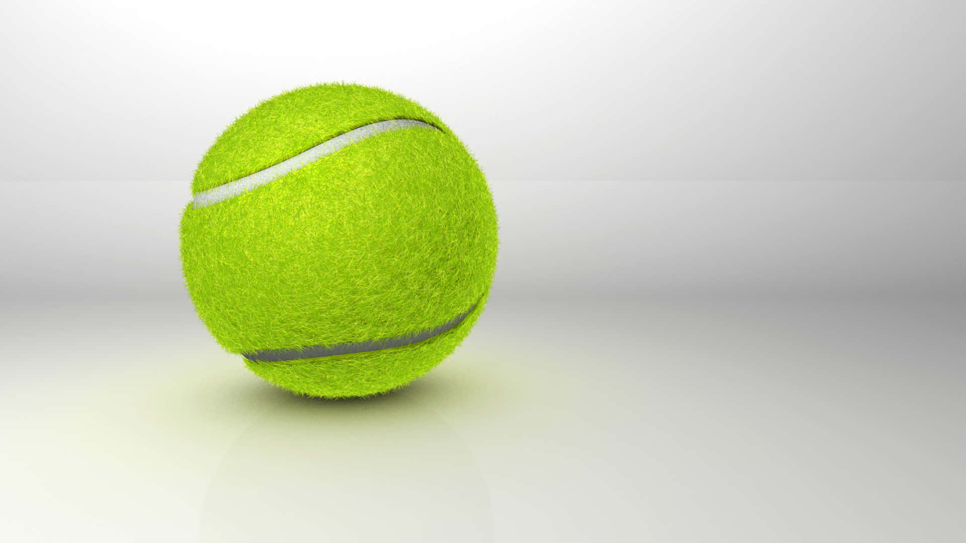 ball 桌布 壁紙 — 一個亮綠色帶有絨毛質感和白色接縫的網球，放置在乾淨的白色反光表面上。