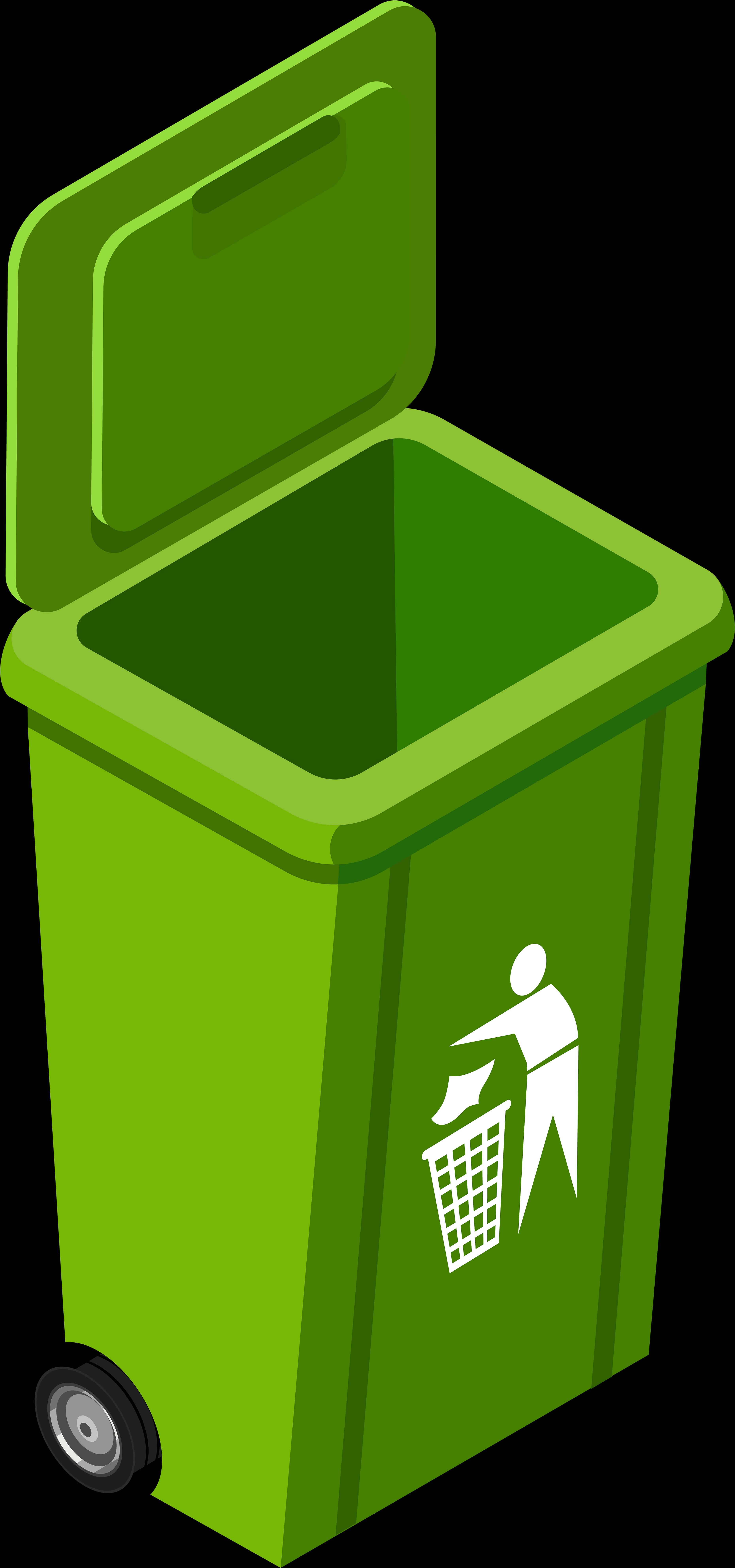 Trash Can 桌布 壁紙 — 一個亮綠色有輪垃圾桶，打開蓋，側面有白色回收標誌。