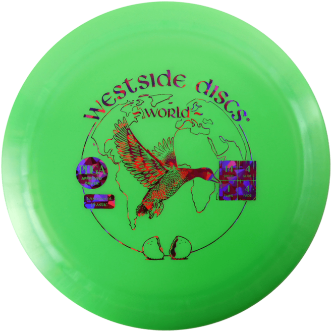 Frisbee 桌布 壁紙 — 一個亮綠色的 Westside Discs 飛盤，帶有色彩繽紛的蜂鳥圖案和世界地圖設計。