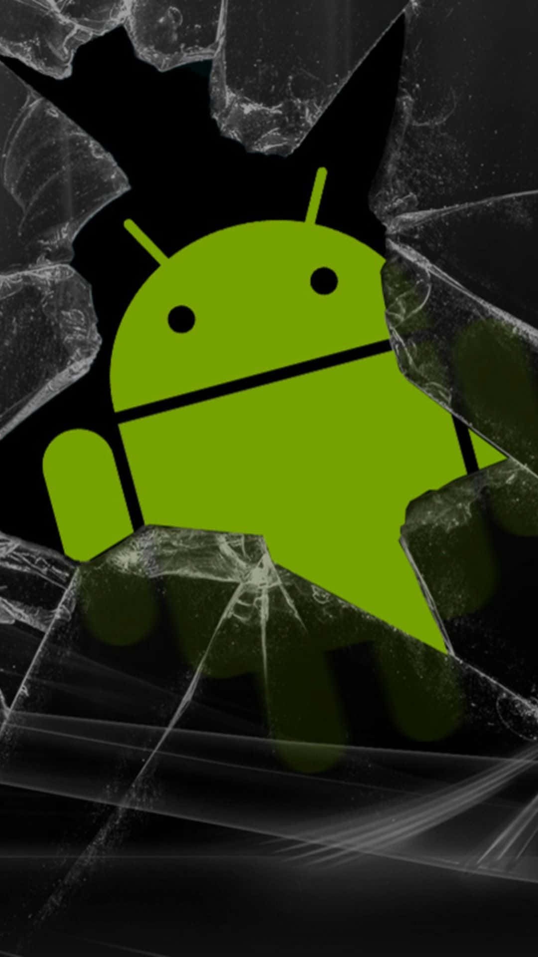 安卓 桌布 壁紙 — 一個亮綠色的Android吉祥物在黑暗背景下衝破破碎的玻璃。