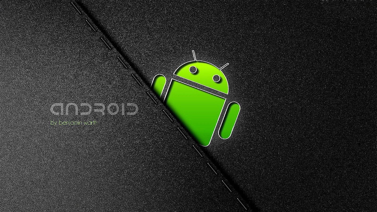 安卓 桌布 壁紙 — 一個亮綠色的Android機器人標誌從一個有縫線的黑色紋理表面後面探出頭來。