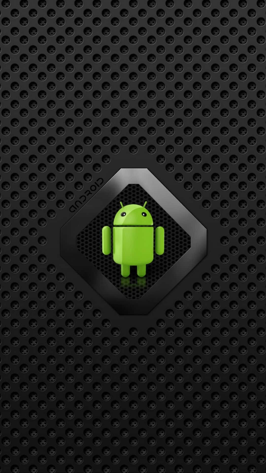 桌布 壁紙 — 一個亮綠色的Android機器人站在六邊形框架中央，背景為黑色穿孔金屬。