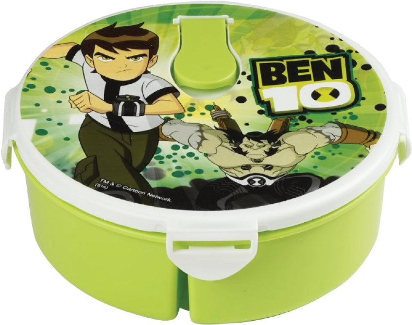 Ben 10 桌布 壁紙 — 一個亮綠色的Ben 10午餐盒，上面有Ben Tennyson和一個肌肉發達的外星人角色，背景是濺開的綠色。