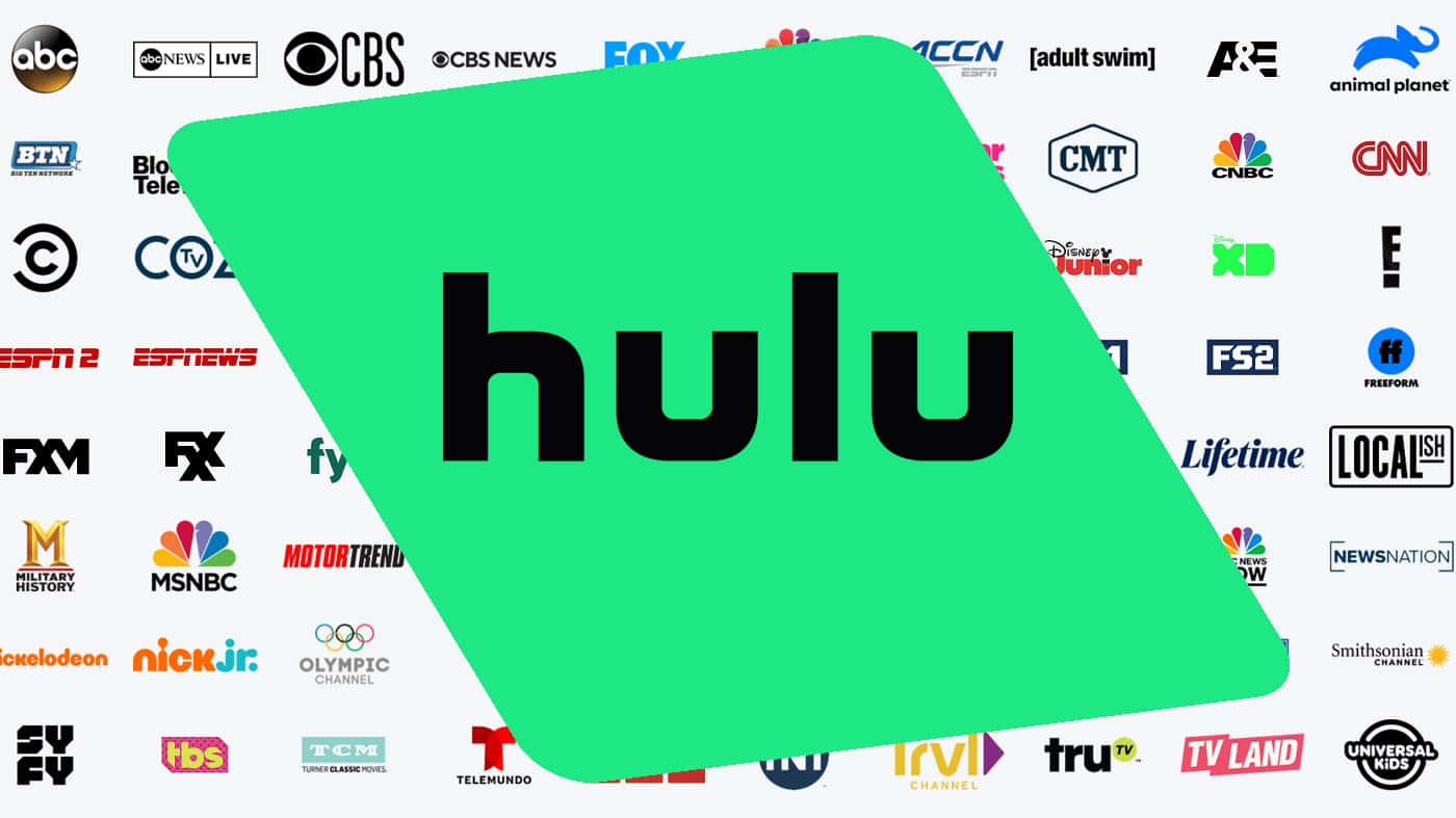 Hulu 桌布 壁紙 — 一個亮綠色的Hulu標誌突出顯示在各種電視網絡和串流服務標誌的拼貼畫之上。