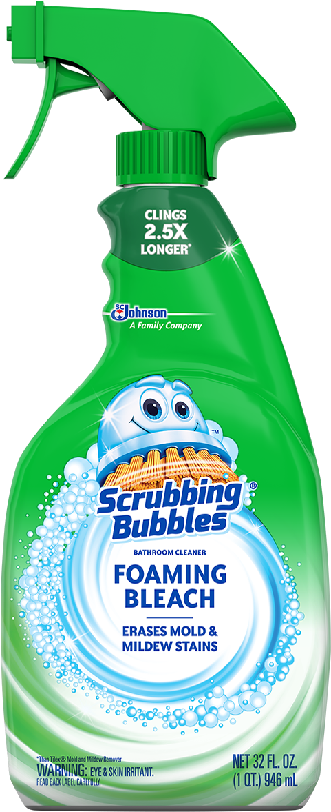 水下動畫 桌布 壁紙 — 一個亮綠色的Scrubbing Bubbles泡沫漂白劑瓶，帶有卡通泡泡吉祥物和旋轉泡沫設計。